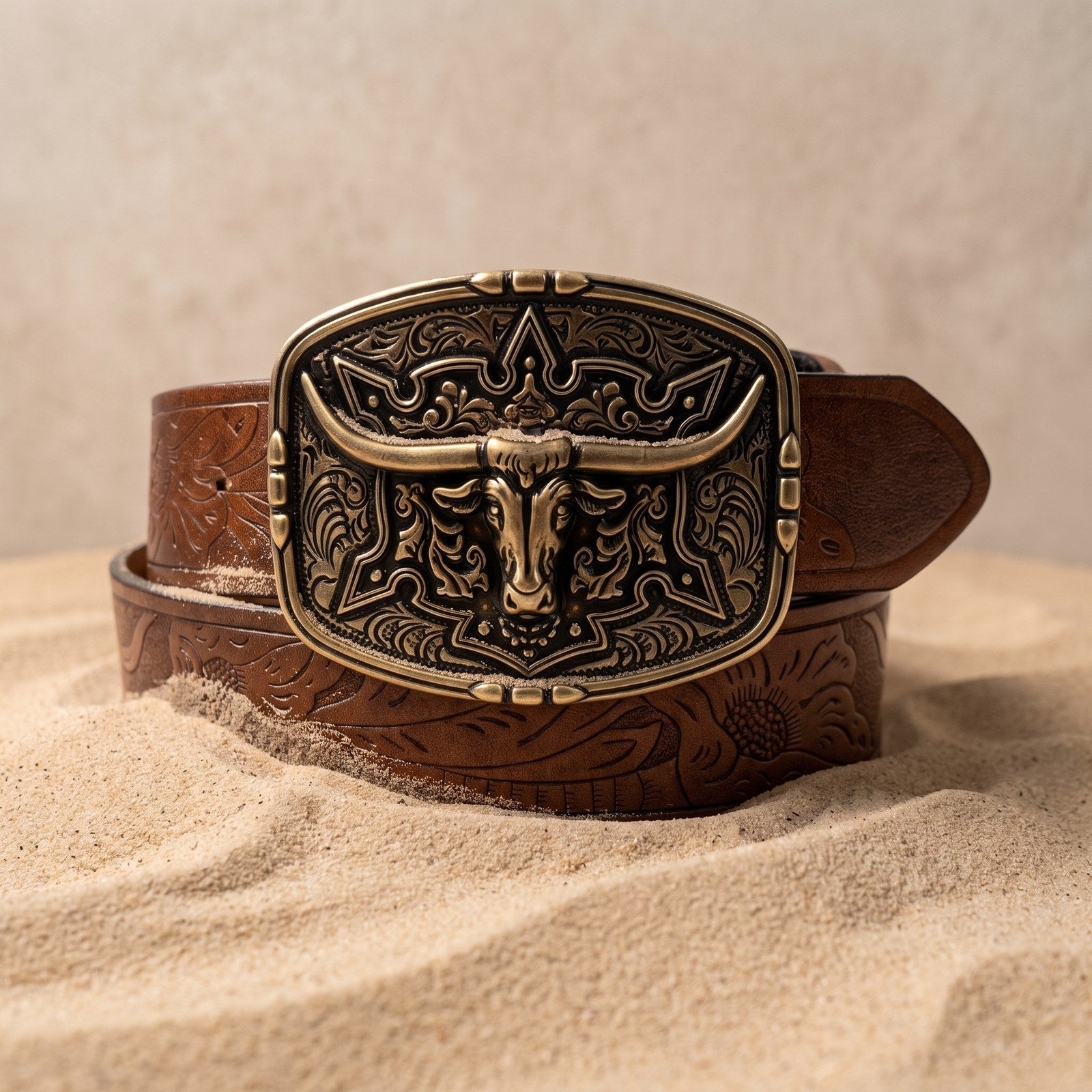 The Longhorn Belt — Western-Tooled Leather with Solid Bull Buckle