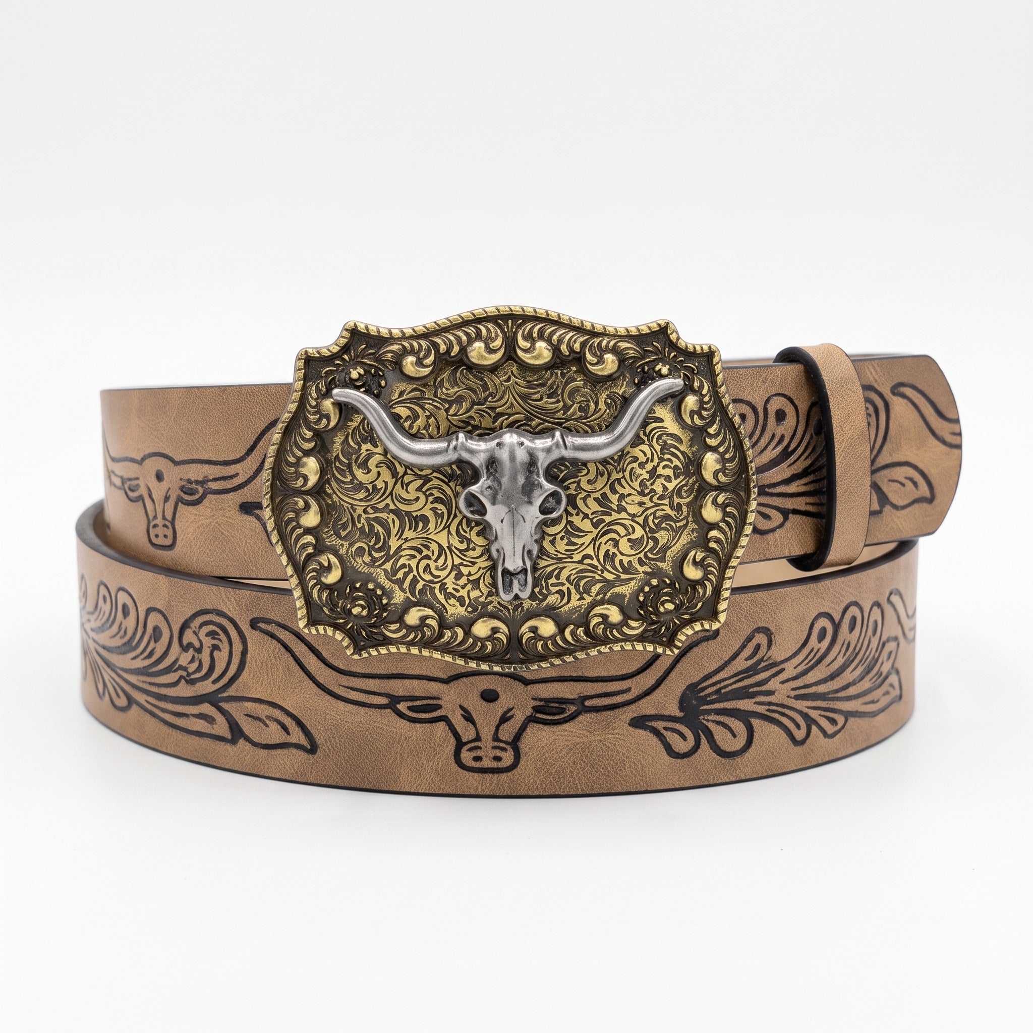 The Boone Belt — Western-Tooled Leather with Steer Head Buckle