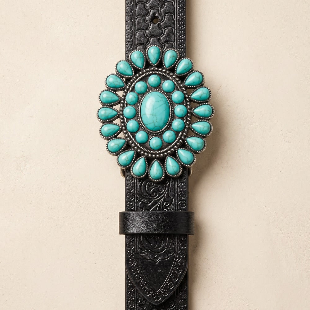 The Cade Belt — Black Tooled Leather with Turquoise Concho Buckle