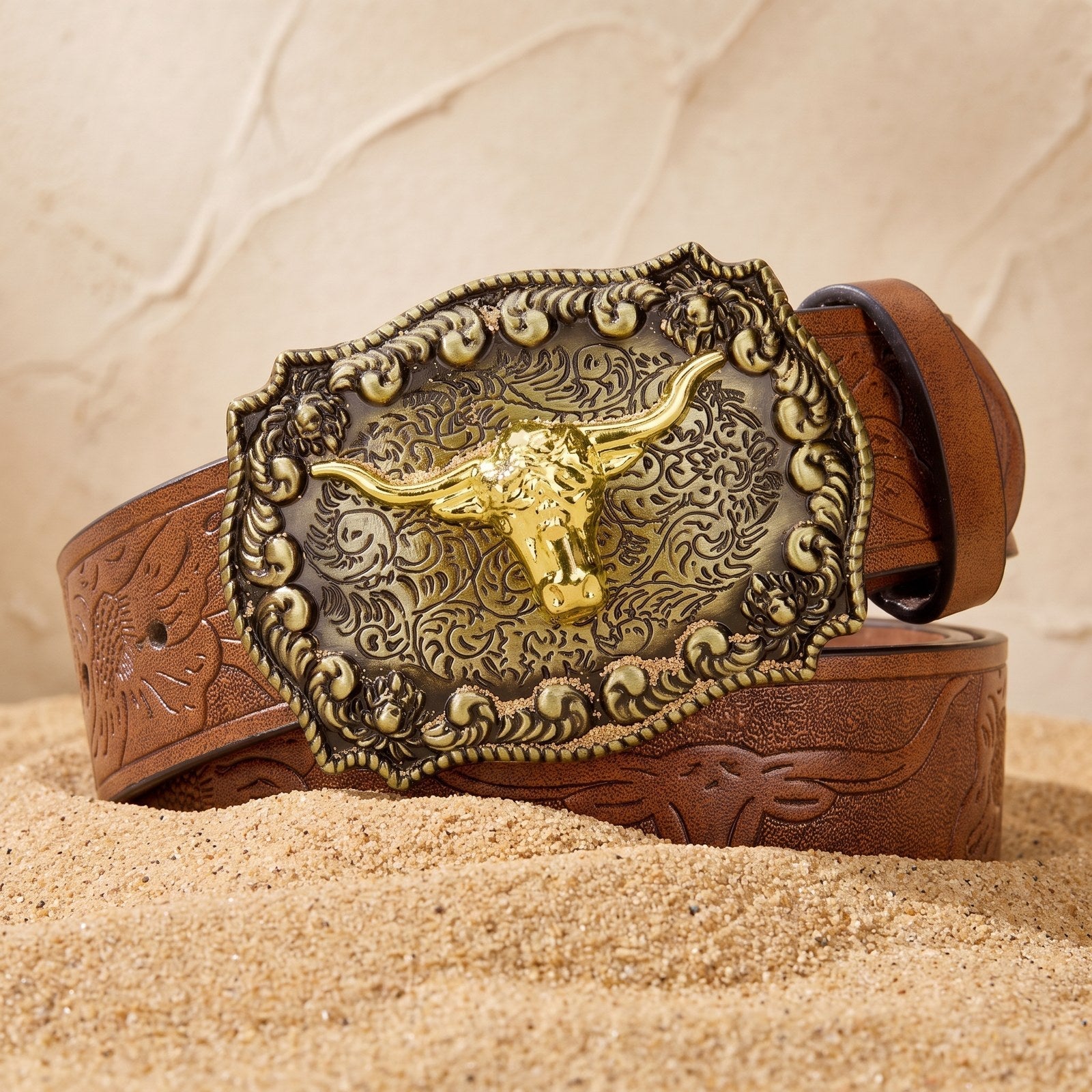 The Dutton Belt — Western-Tooled Leather with Longhorn Buckle