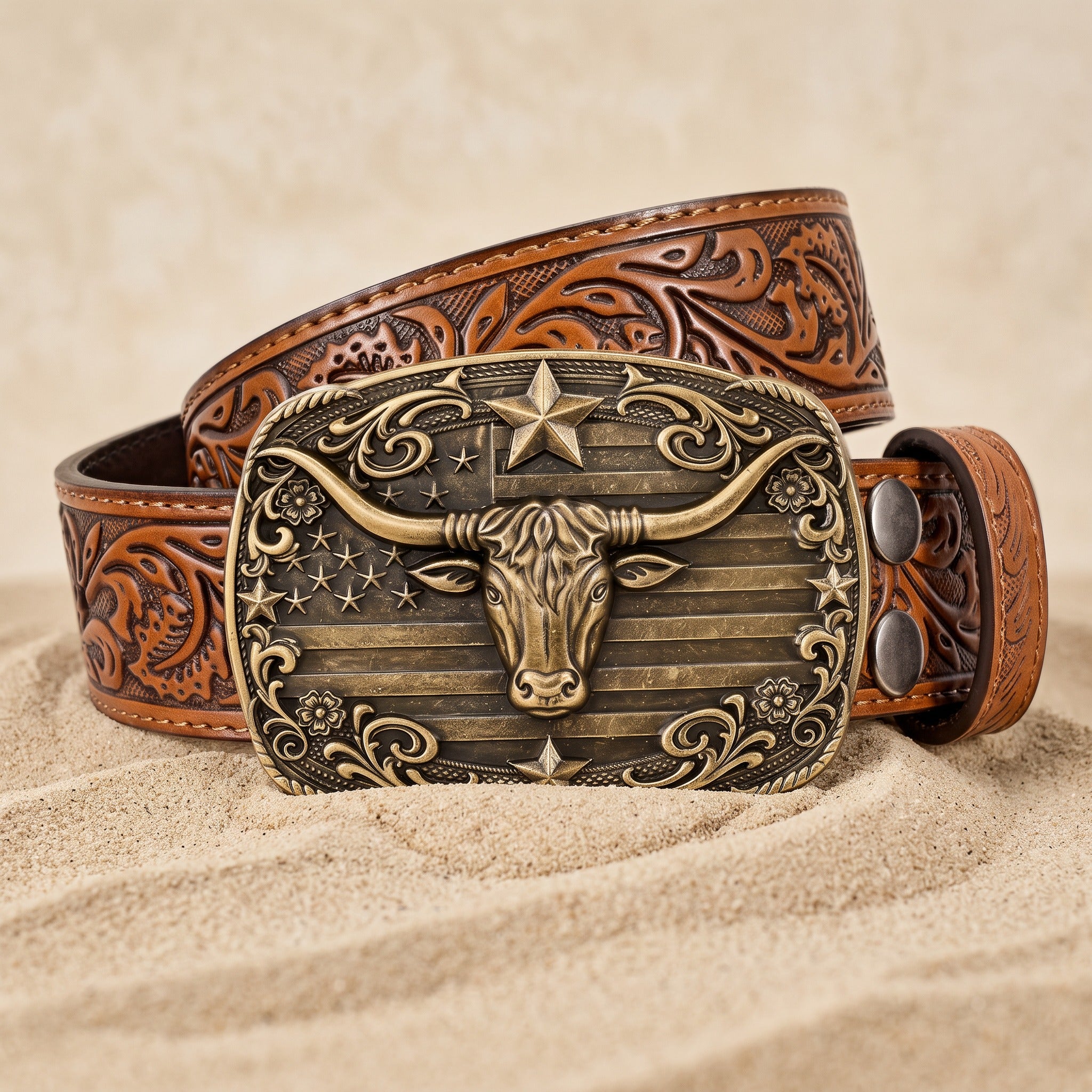 The Wade Belt — Western-Tooled Leather with Stars and Stripes Buckle
