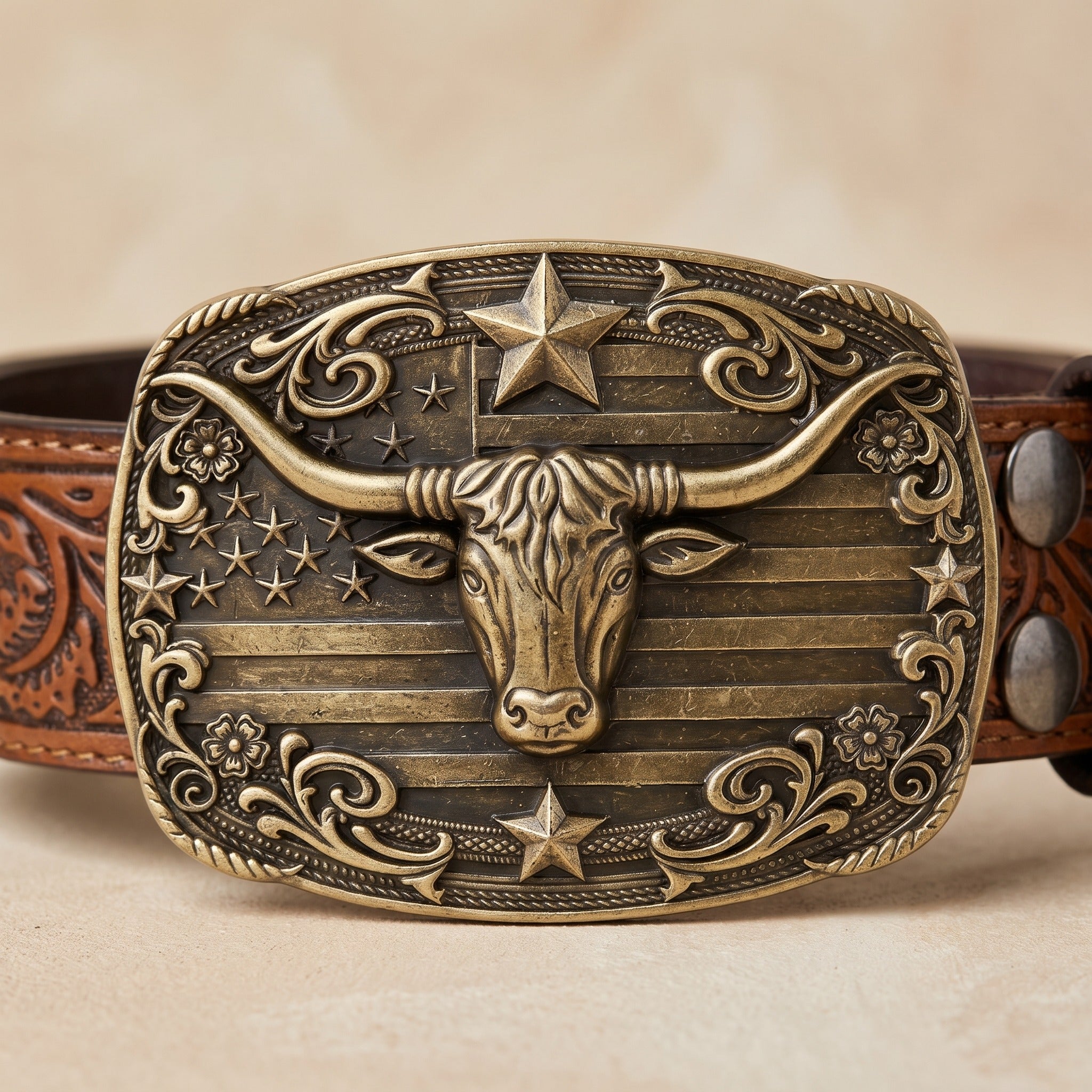 The Wade Belt — Western-Tooled Leather with Stars and Stripes Buckle