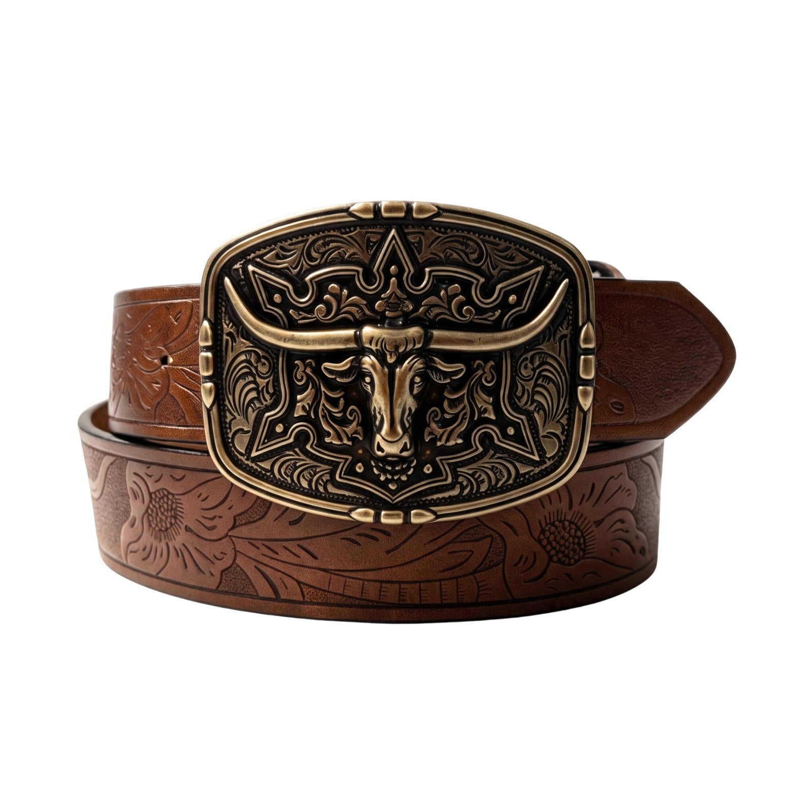 The Longhorn Belt — Western-Tooled Leather with Solid Bull Buckle