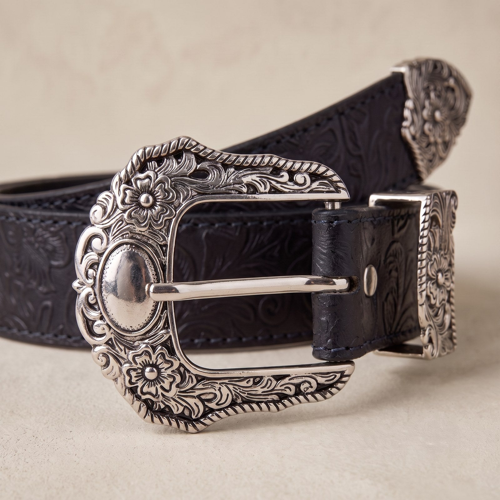 The Ranger Belt — Western Tooled Leather with Antique Silver Buckle