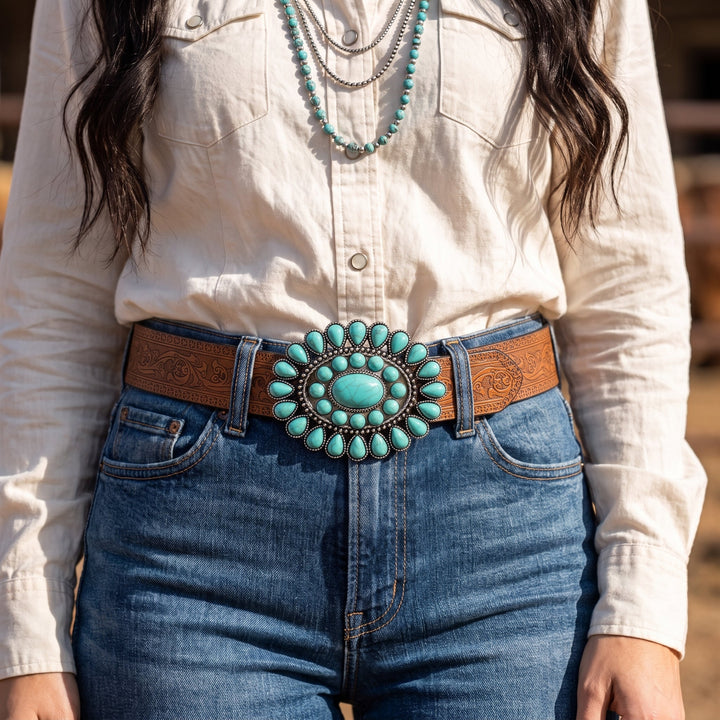 Woman wearing the Knox Belt with a cream western shirt and turquoise necklaces