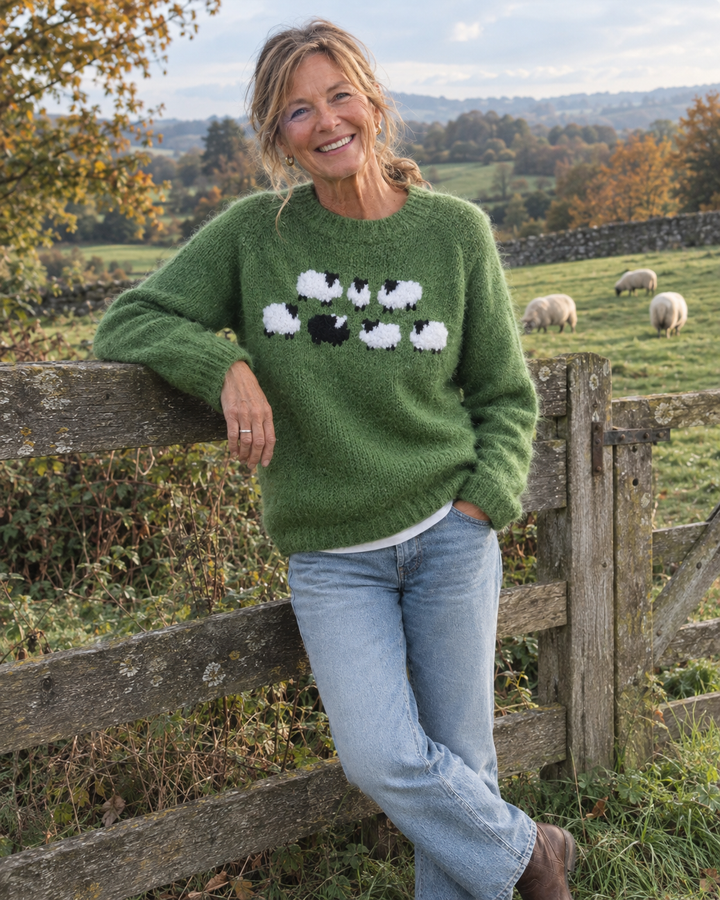 The Tobin Sweater — green knit sweater with a sheep motif, worn by a fence in a sheep pasture