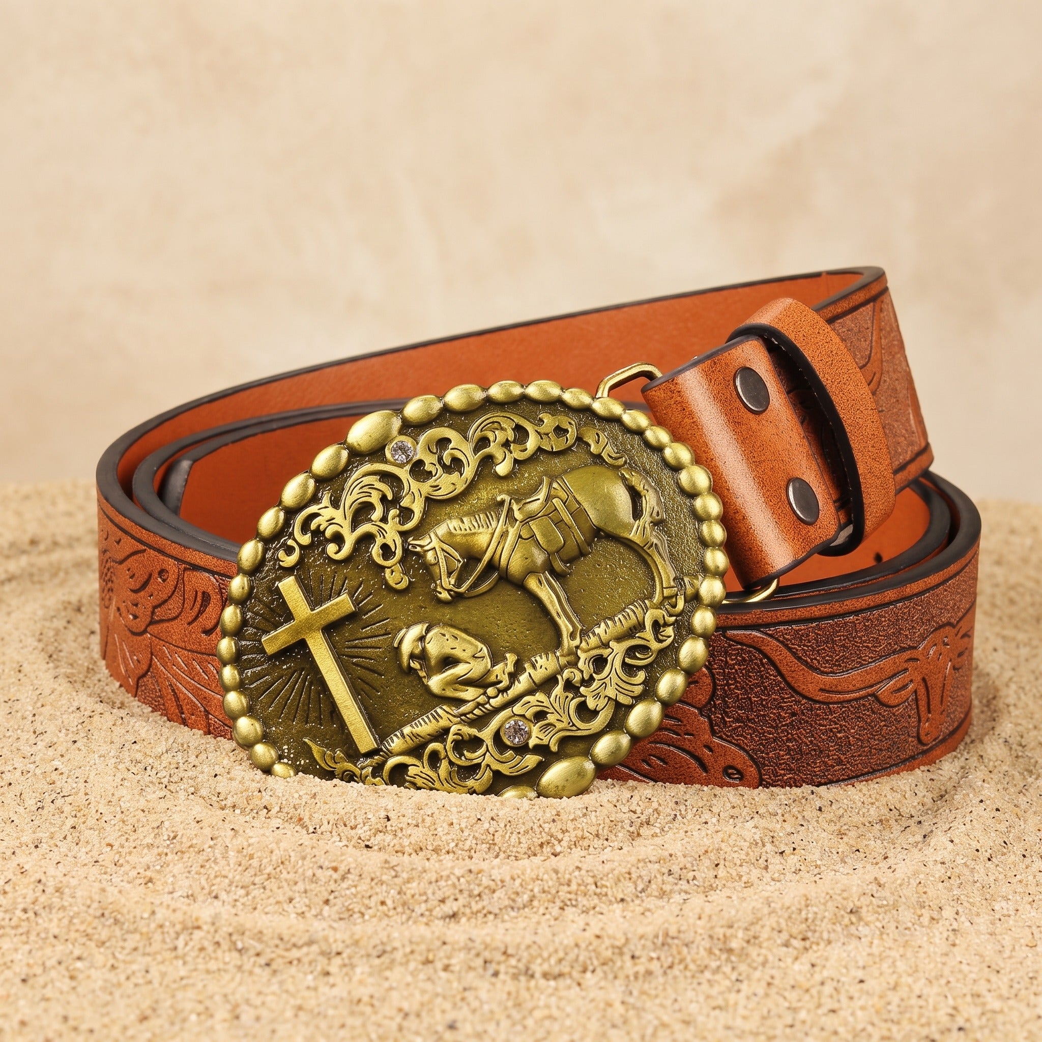 The Bodie Belt — Western-Tooled Leather with Praying Cowboy Buckle