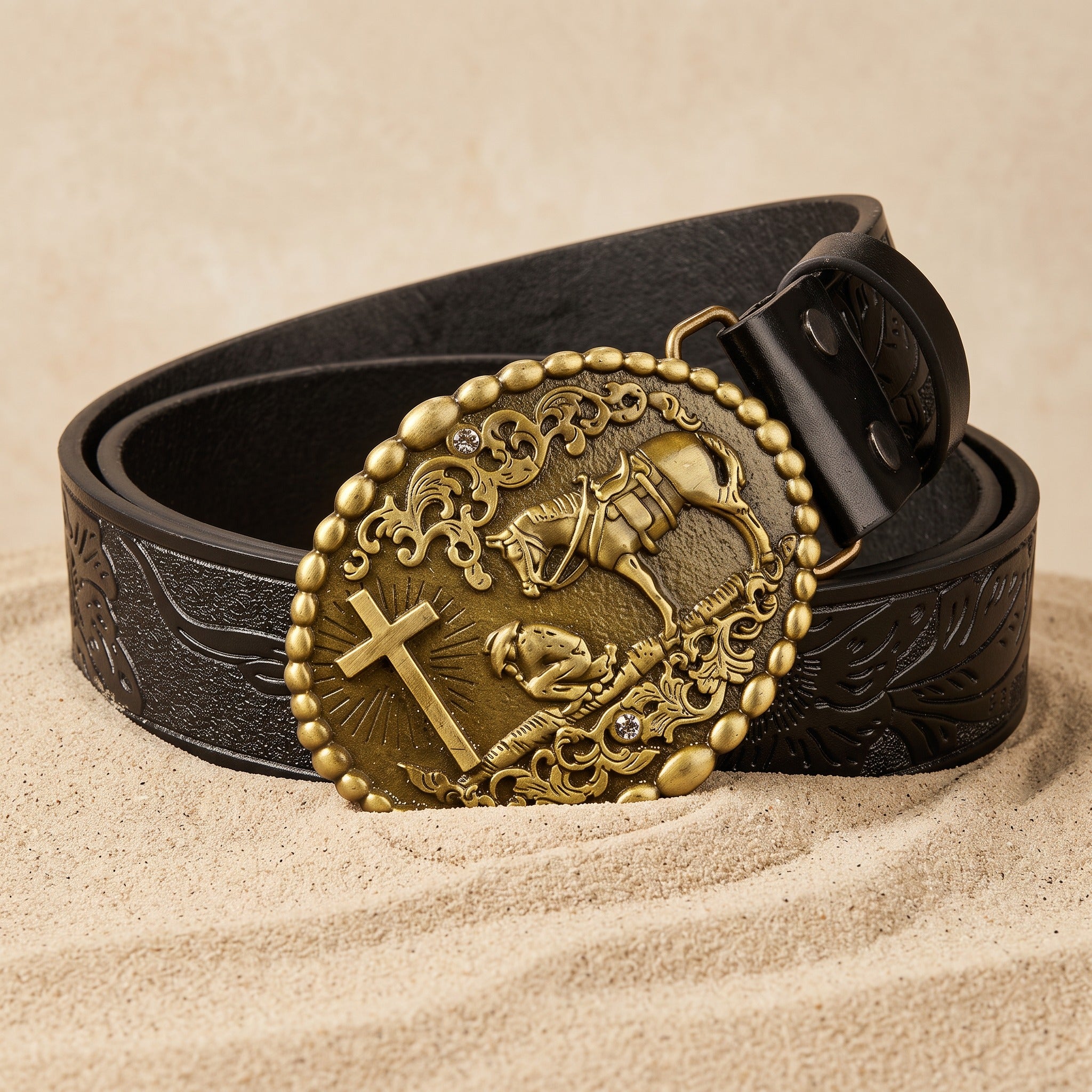 The Bodie Belt — Western-Tooled Leather with Praying Cowboy Buckle