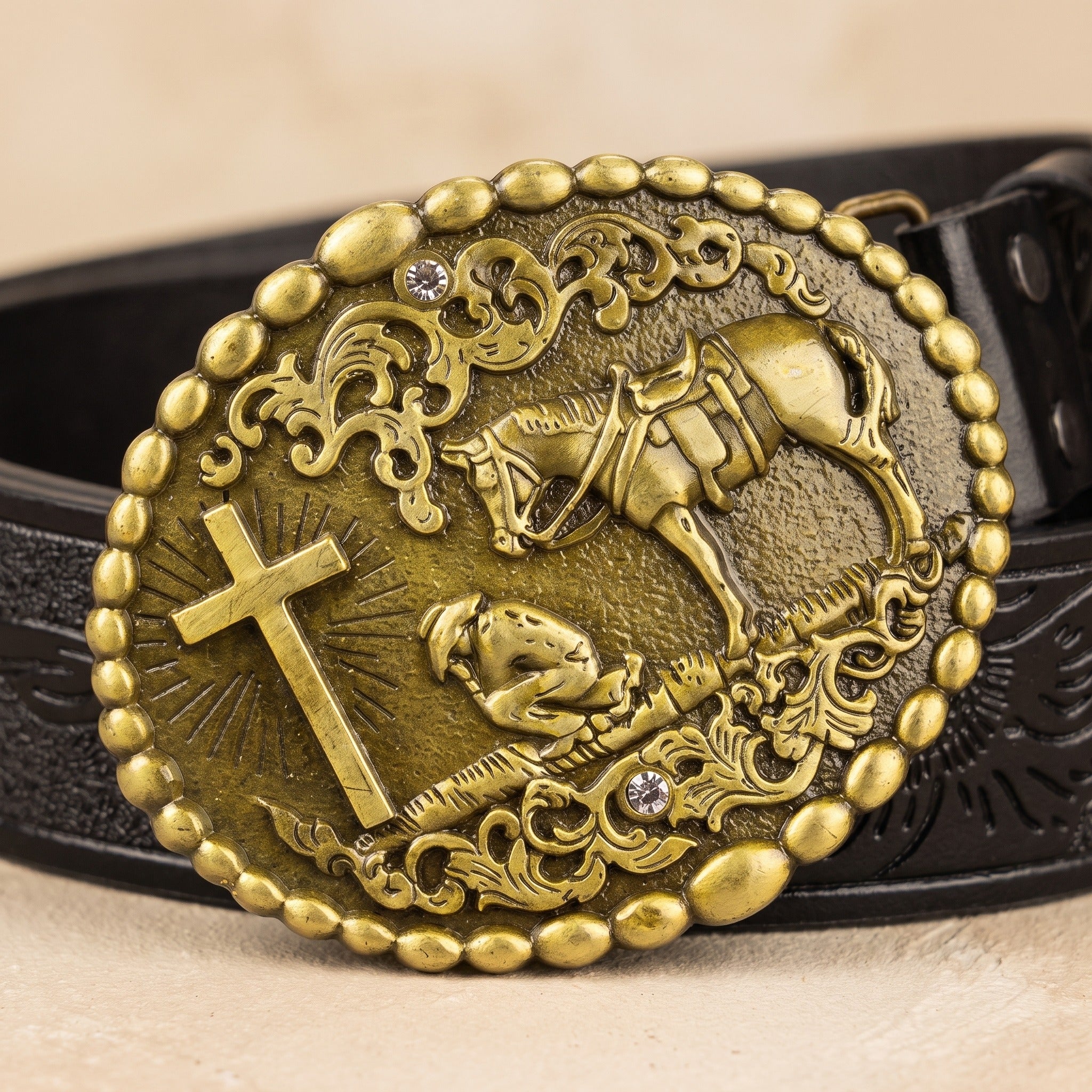 The Bodie Belt — Western-Tooled Leather with Praying Cowboy Buckle