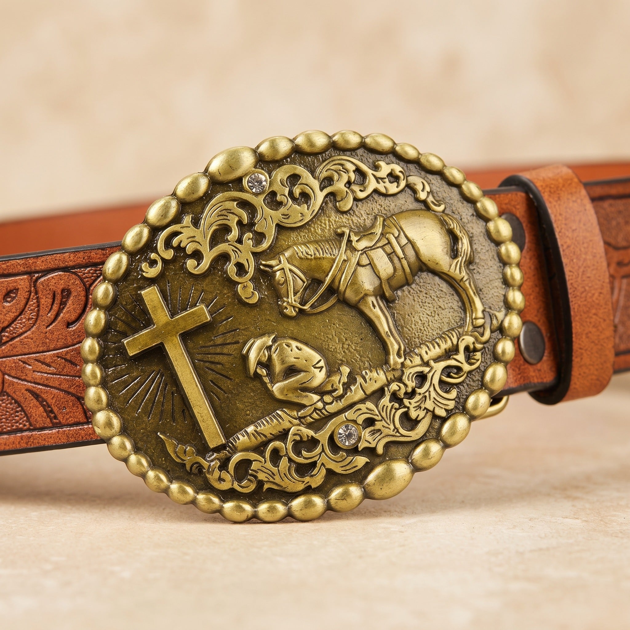 The Bodie Belt — Western-Tooled Leather with Praying Cowboy Buckle