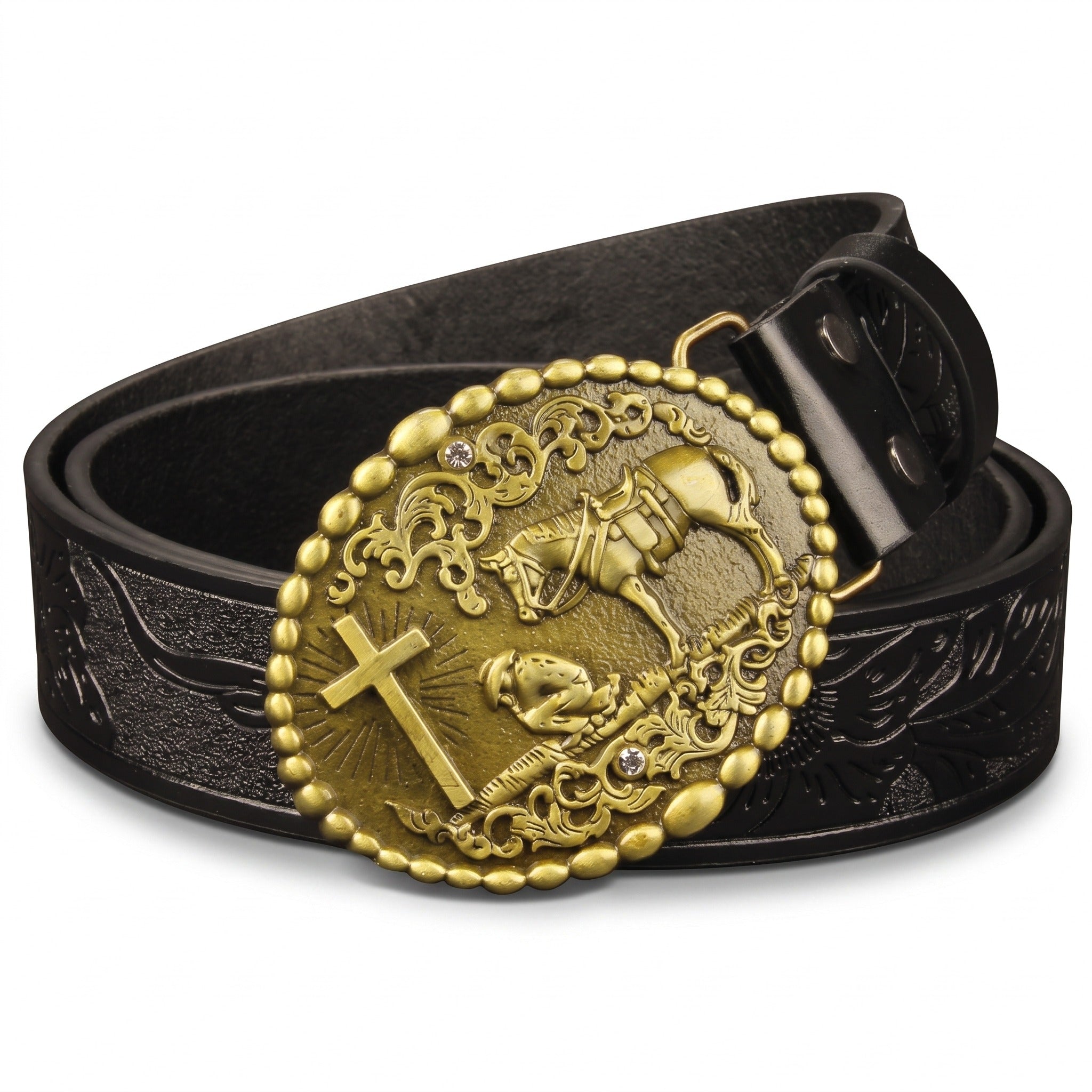 The Bodie Belt — Western-Tooled Leather with Praying Cowboy Buckle