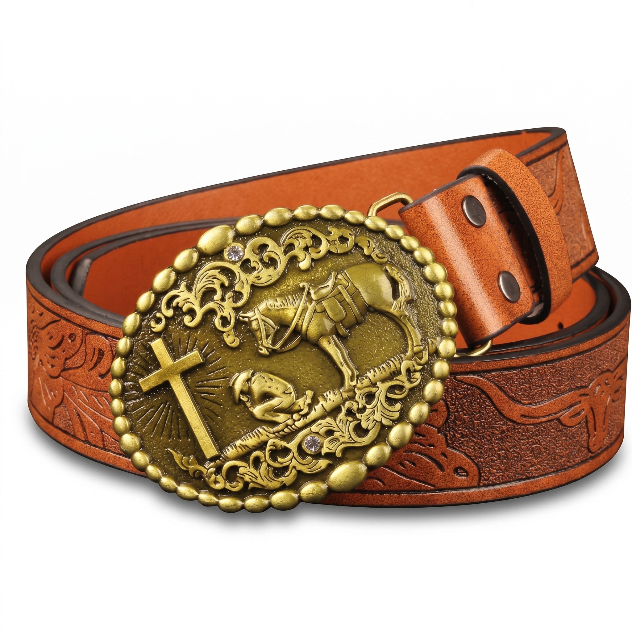 The Bodie Belt — Western-Tooled Leather with Praying Cowboy Buckle