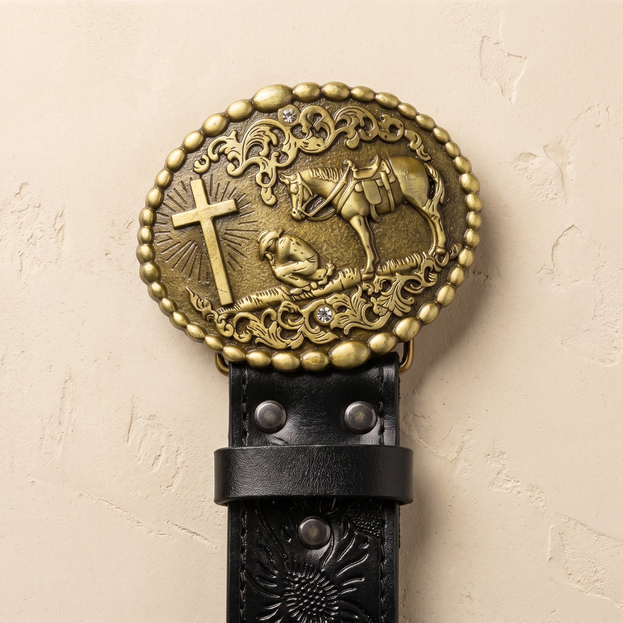 The Bodie Belt — Western-Tooled Leather with Praying Cowboy Buckle