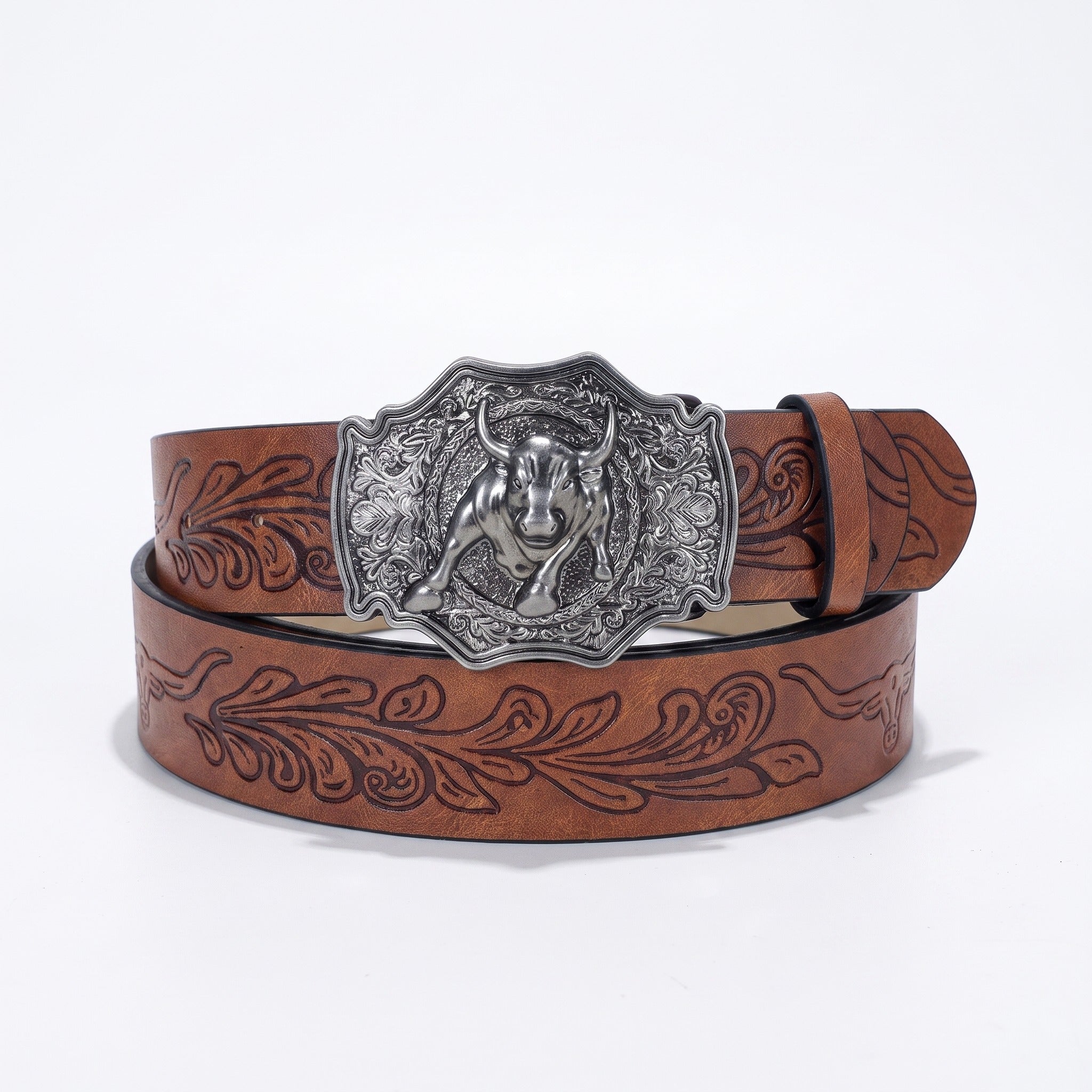The Boone Belt — Western-Tooled Leather with Steer Head Buckle