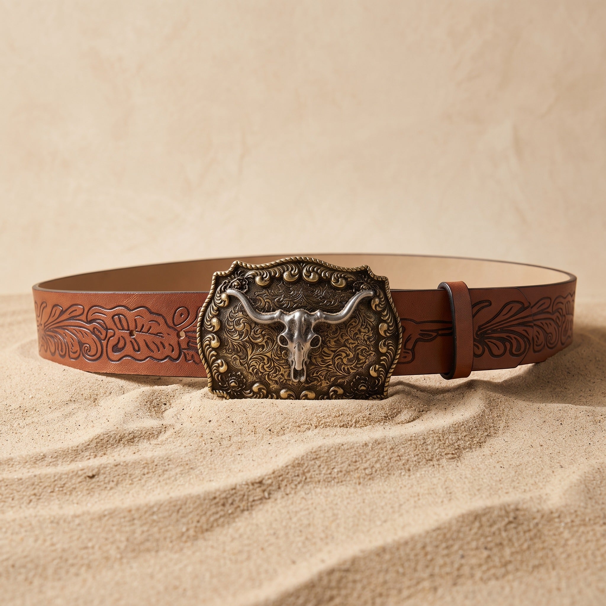 The Boone Belt — Western-Tooled Leather with Steer Head Buckle