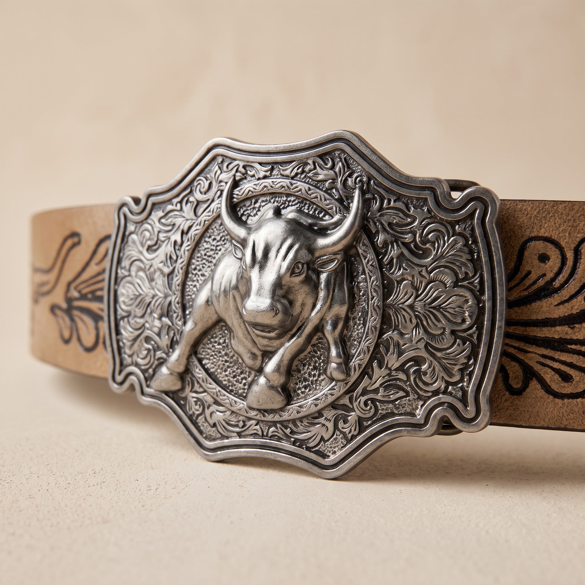 The Boone Belt — Western-Tooled Leather with Steer Head Buckle
