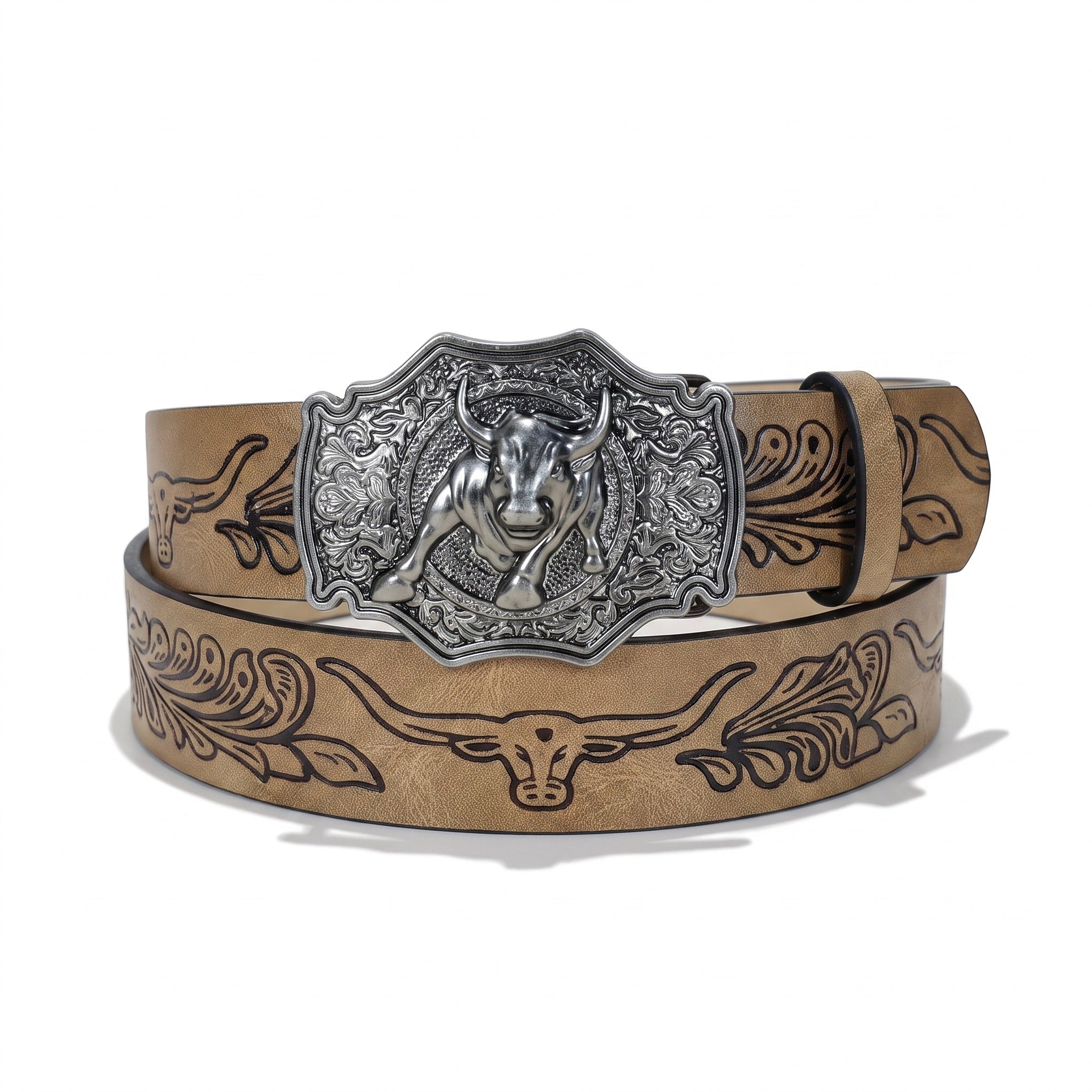 The Boone Belt — Western-Tooled Leather with Steer Head Buckle