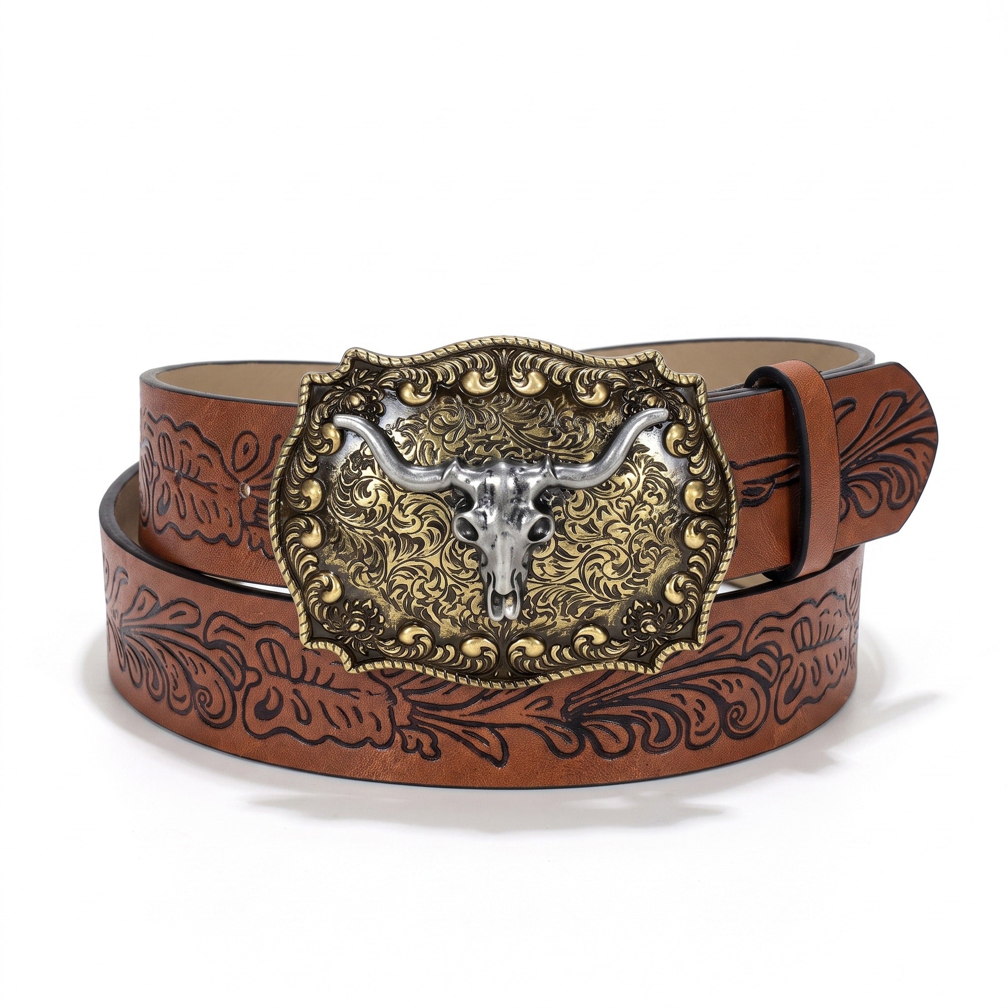 The Boone Belt — Western-Tooled Leather with Steer Head Buckle