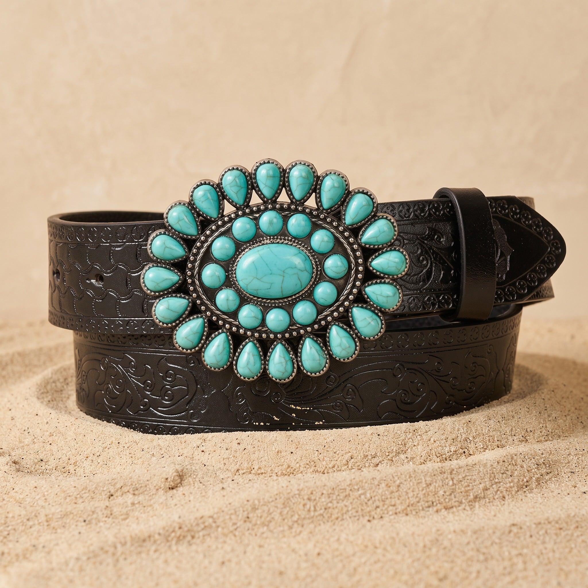 The Cade Belt — Black Tooled Leather with Turquoise Concho Buckle