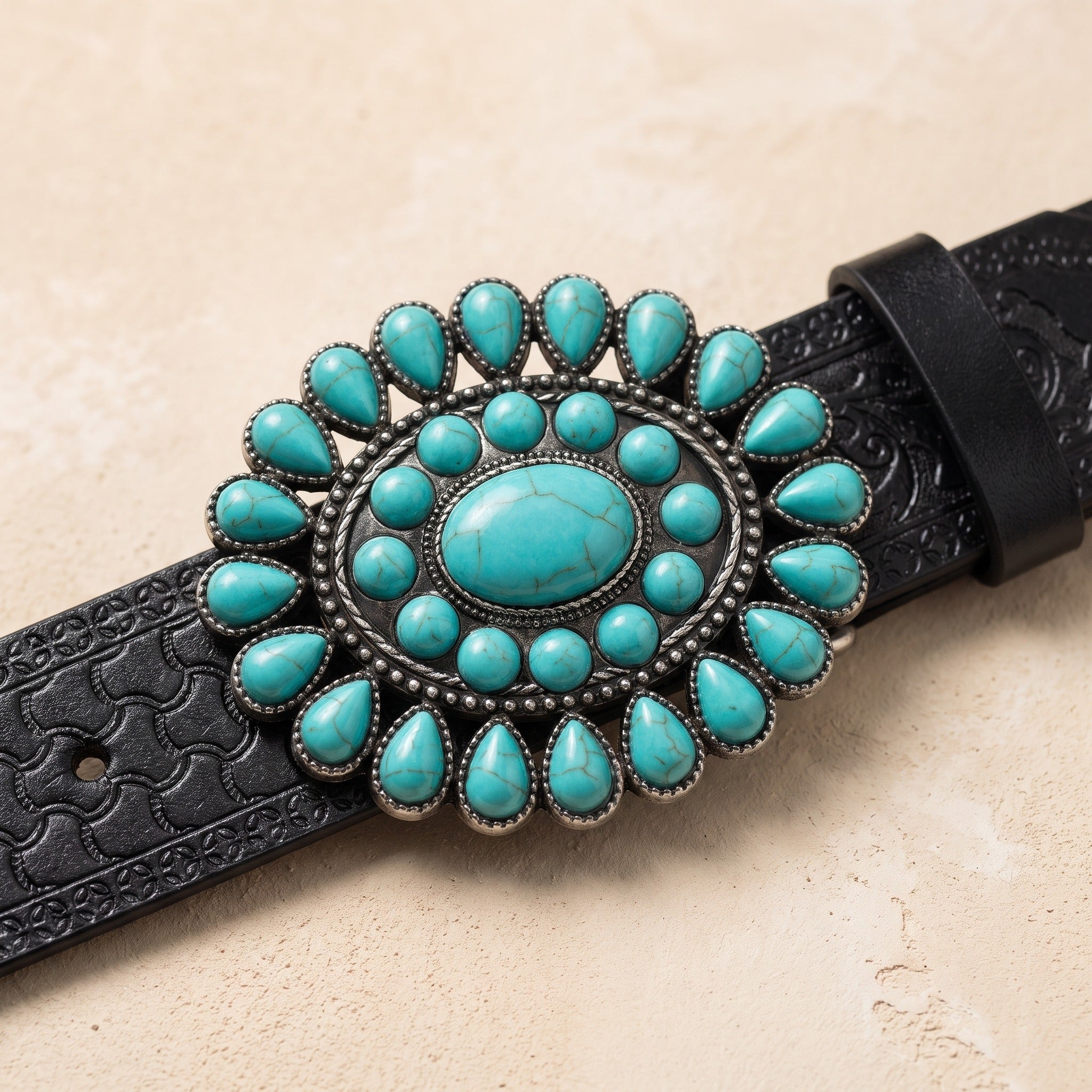 The Cade Belt — Black Tooled Leather with Turquoise Concho Buckle