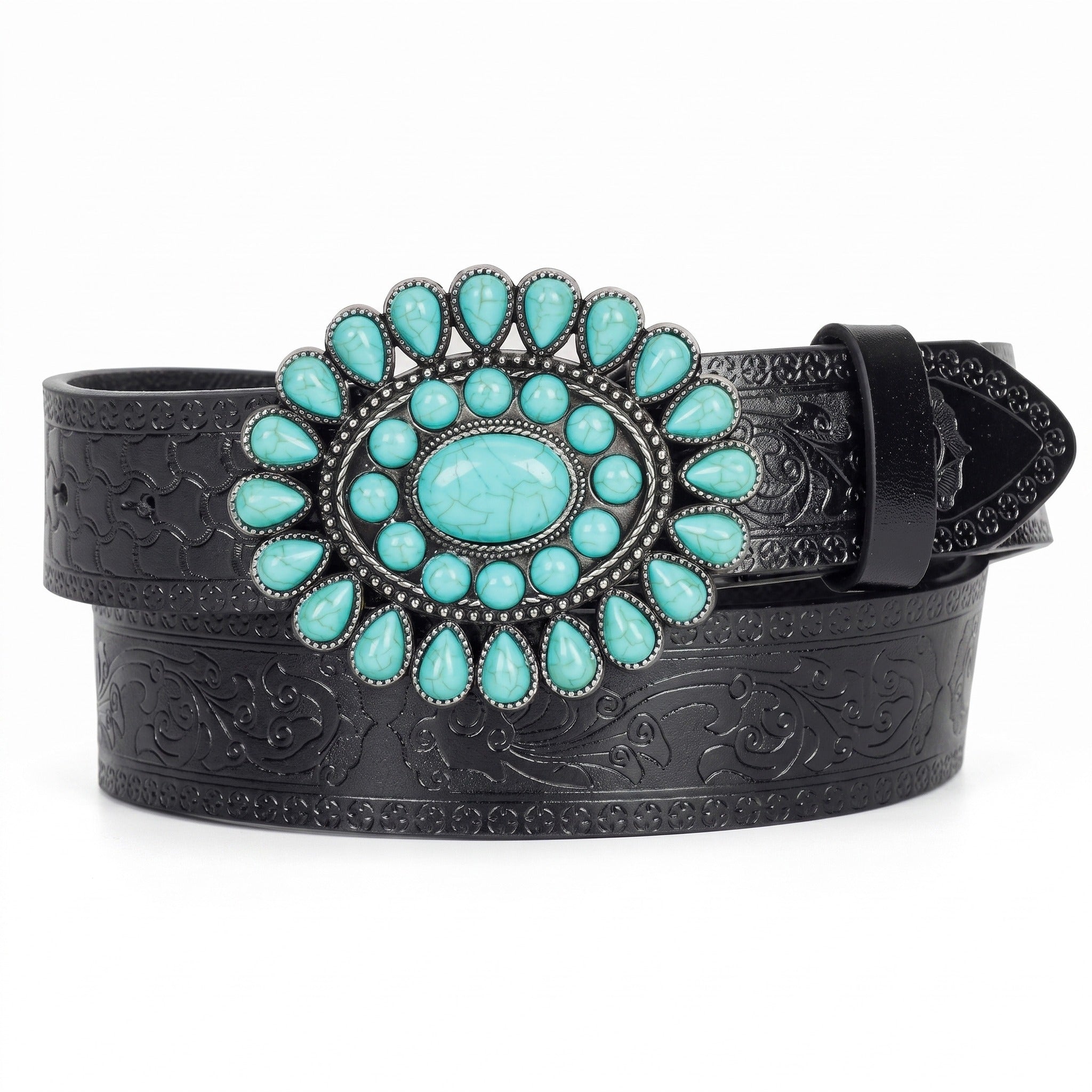 The Cade Belt — Black Tooled Leather with Turquoise Concho Buckle