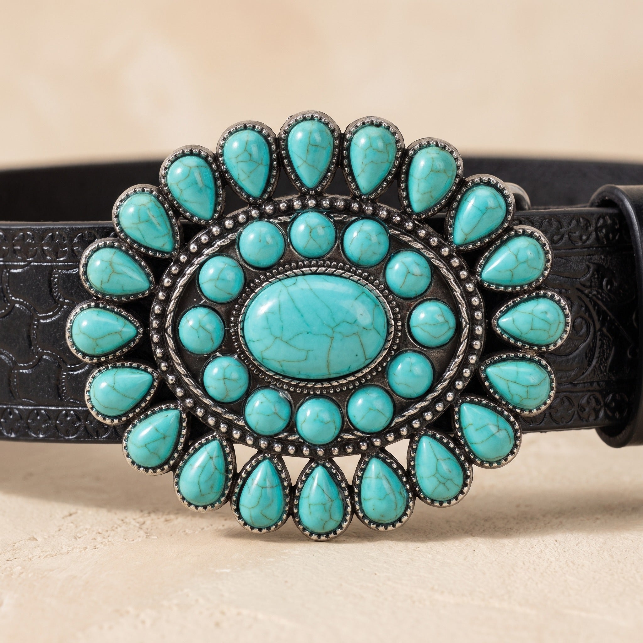 The Cade Belt — Black Tooled Leather with Turquoise Concho Buckle
