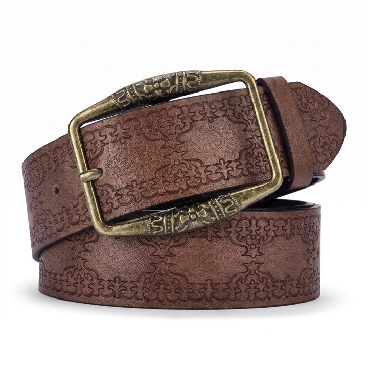 The Drayton Belt in coffee brown embossed leather with an antique brass buckle