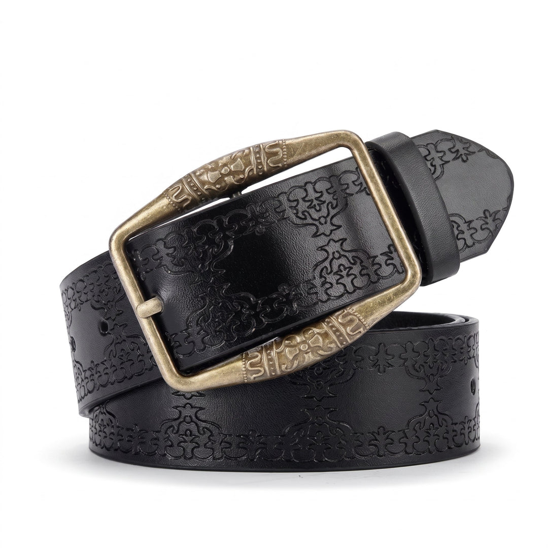 The Drayton Belt in black embossed leather with an antique brass buckle