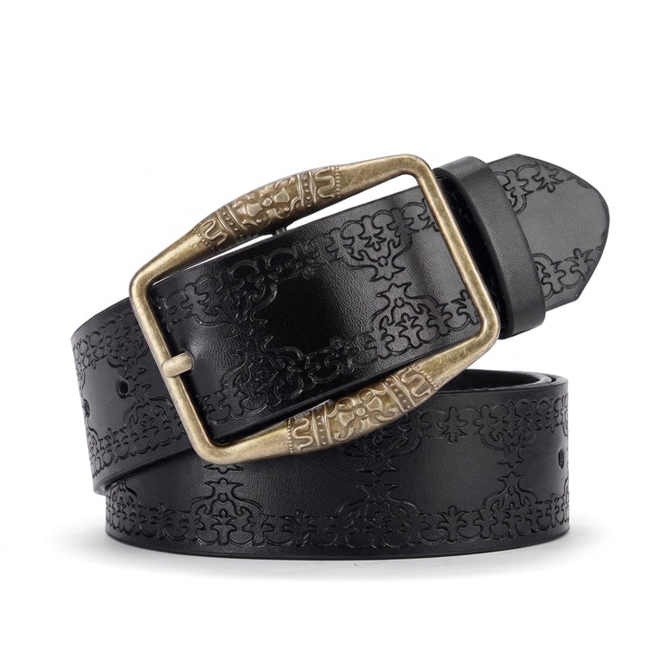 The Drayton Belt in black embossed leather with an antique brass buckle