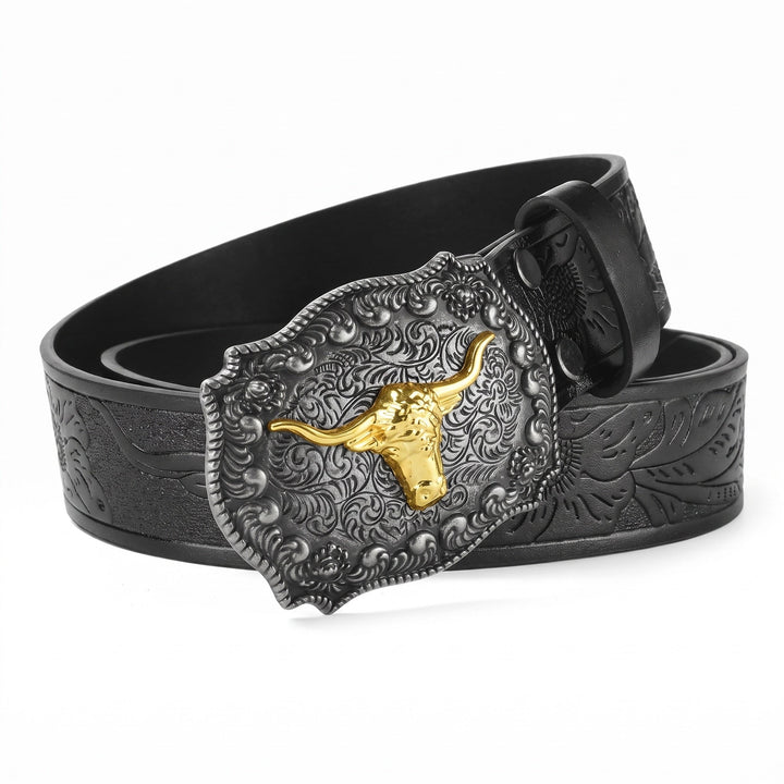 The Dutton Belt in midnight black with the antique silver longhorn buckle