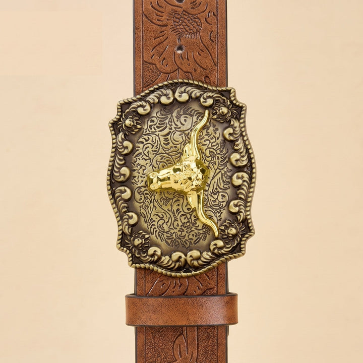 The Dutton Belt hanging vertically showing the buckle, keeper loop and tooled strap