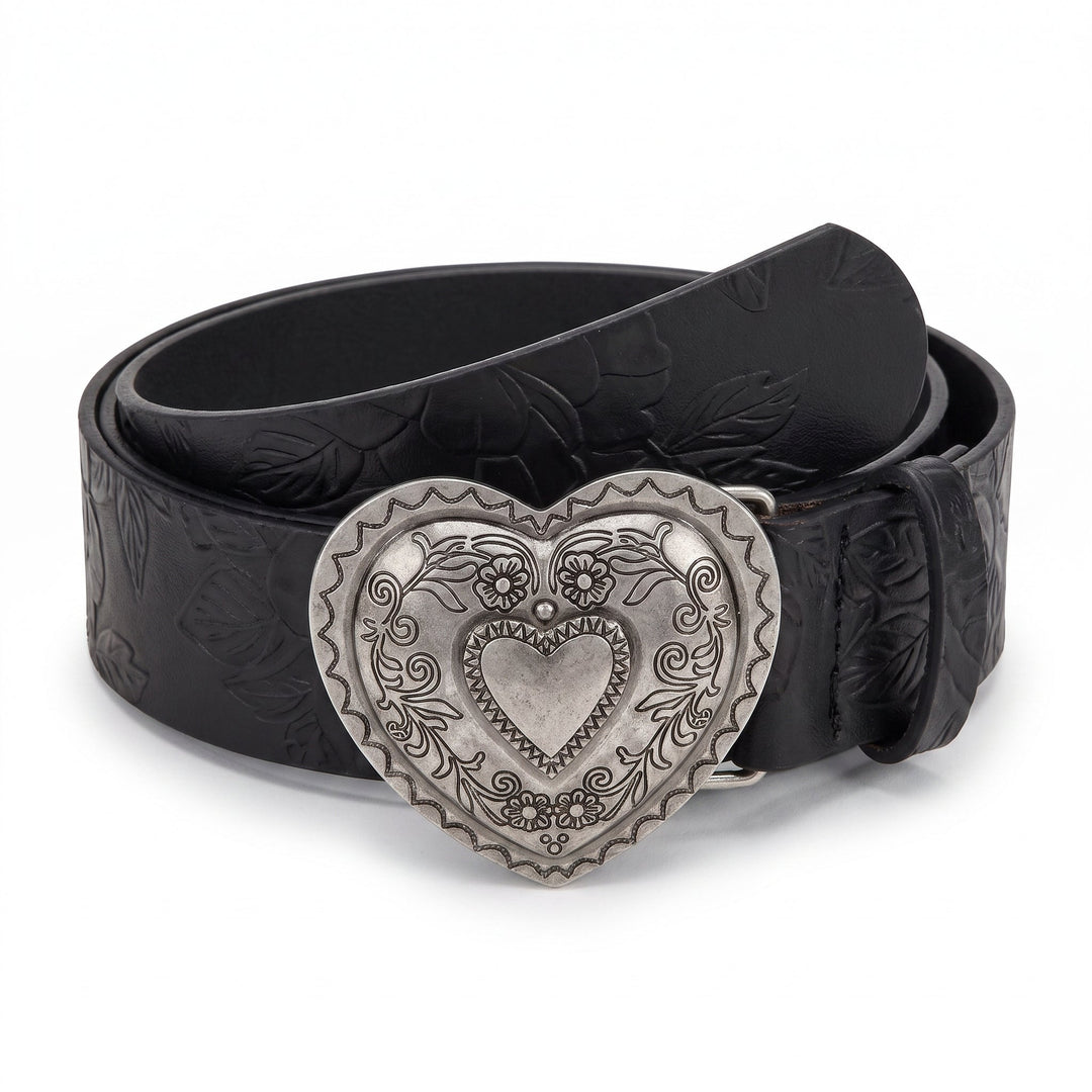 The Esdra Belt with antique silver heart buckle on midnight black leather