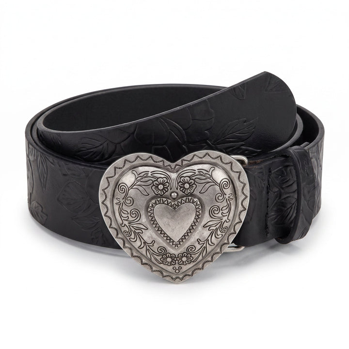 The Esdra Belt with antique silver heart buckle on midnight black leather