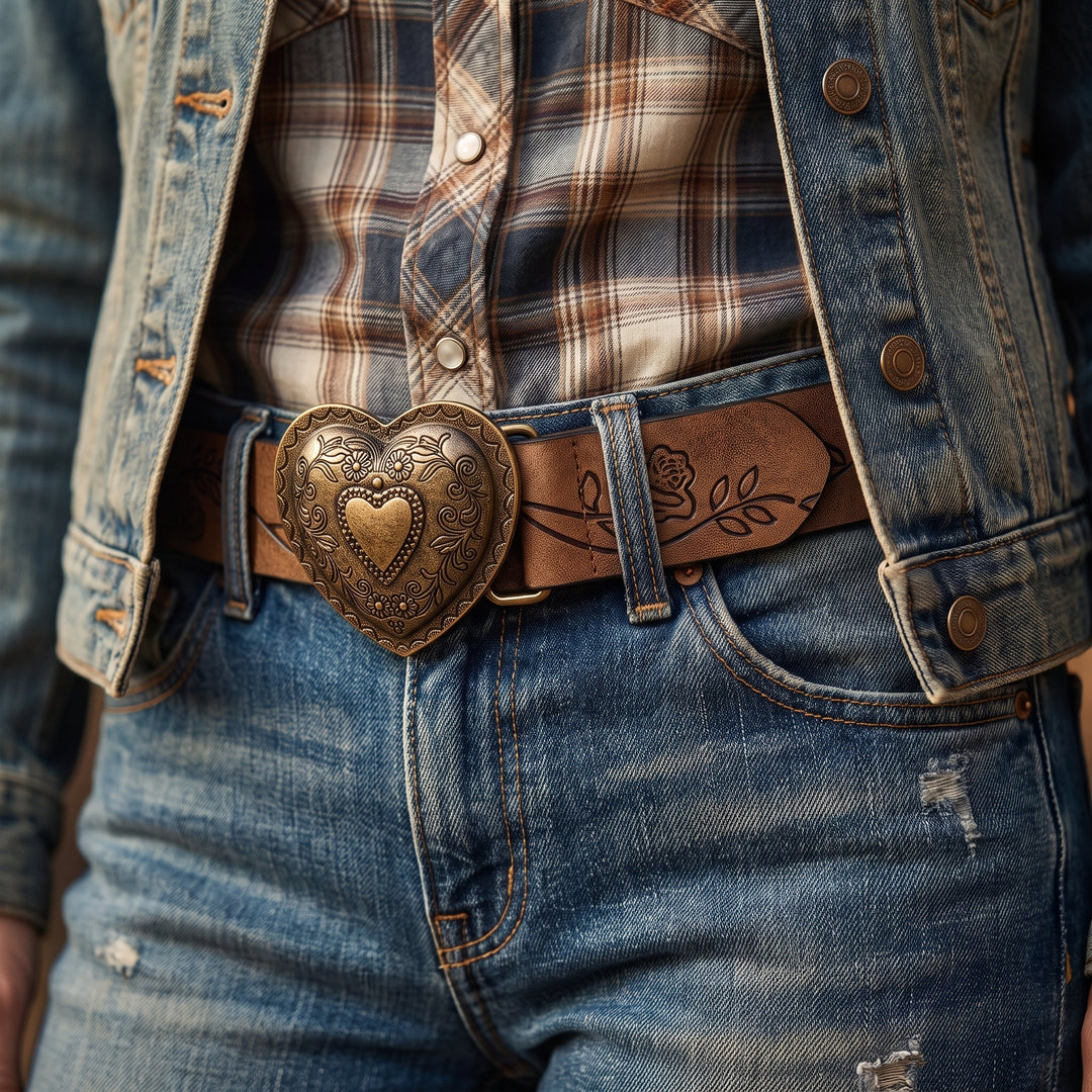 Woman wearing the Esdra Belt with a plaid shirt and denim jacket