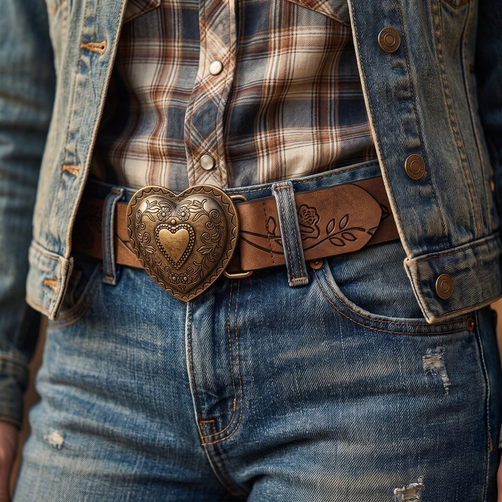 Woman wearing the Esdra Belt with a plaid shirt and denim jacket