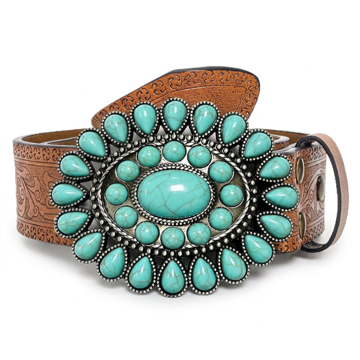 The Knox Belt with turquoise cluster buckle on tooled tan leather