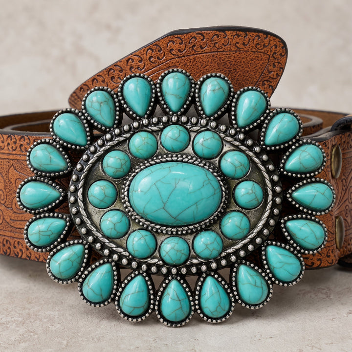 Close-up of the turquoise cluster buckle on the Knox Belt
