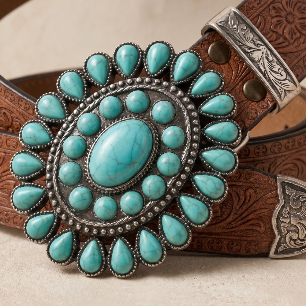 Turquoise stones and silver-tone setting on the Knox Belt buckle
