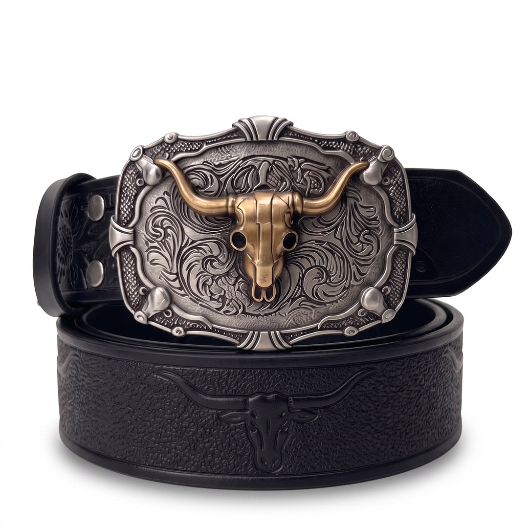 The Ranch Buckle Box, one tooled strap with three swappable buckles