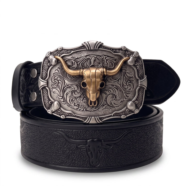 The Ranch Buckle Box, one tooled strap with three swappable buckles