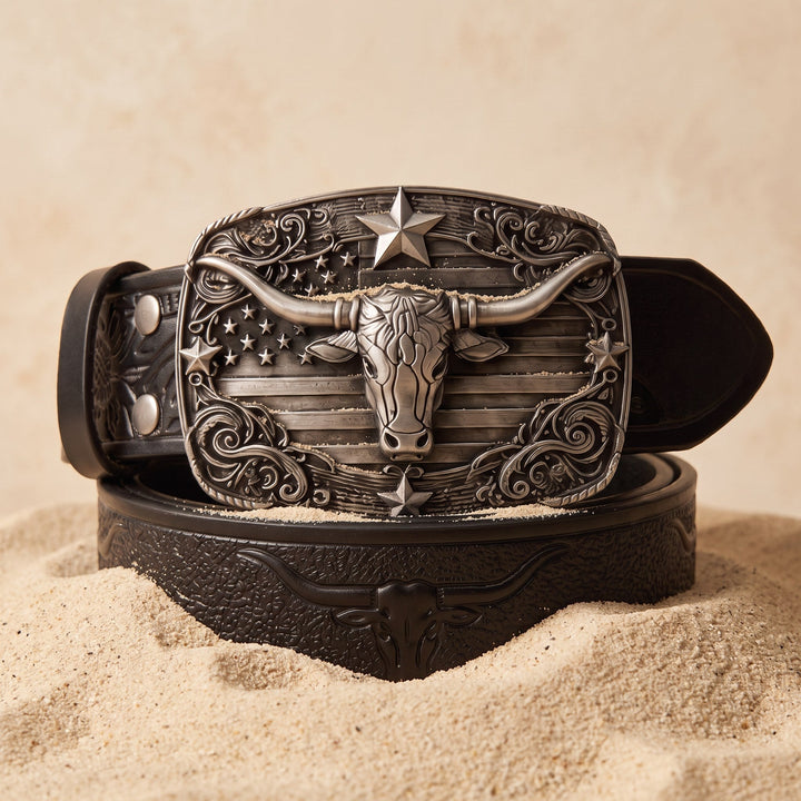 The Ranch Buckle Box, one tooled strap with three swappable buckles