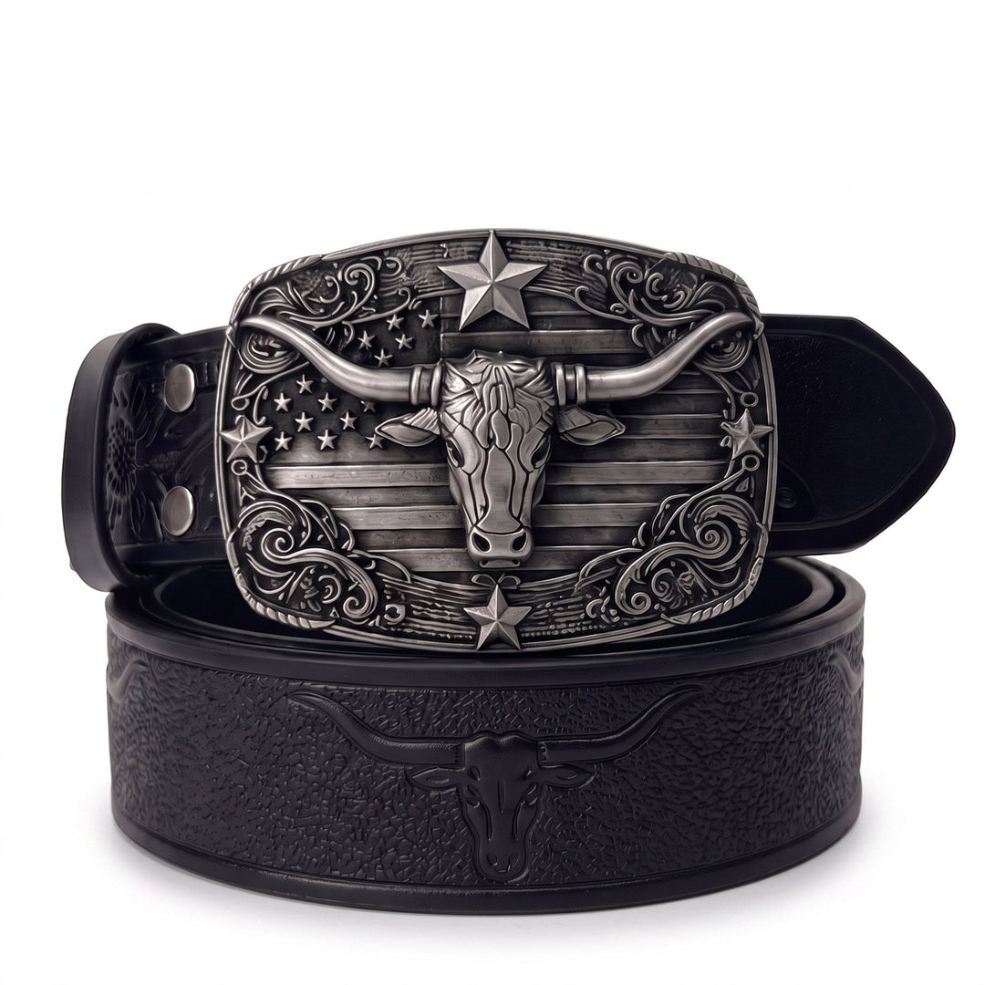 The Ranch Buckle Box, one tooled strap with three swappable buckles