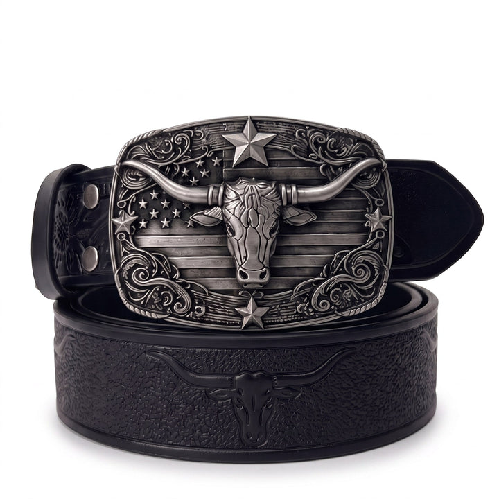 The Ranch Buckle Box, one tooled strap with three swappable buckles