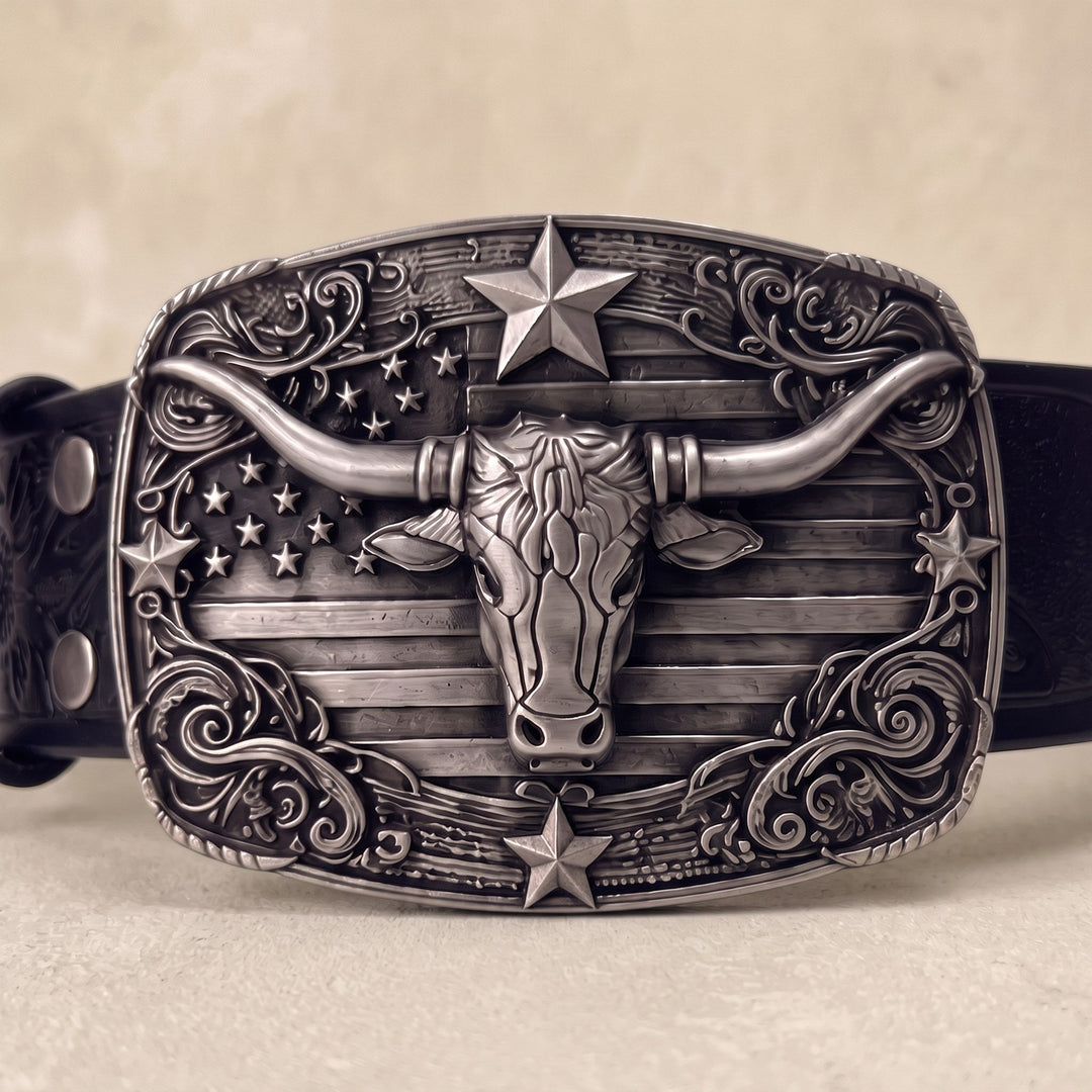 The Ranch Buckle Box, one tooled strap with three swappable buckles