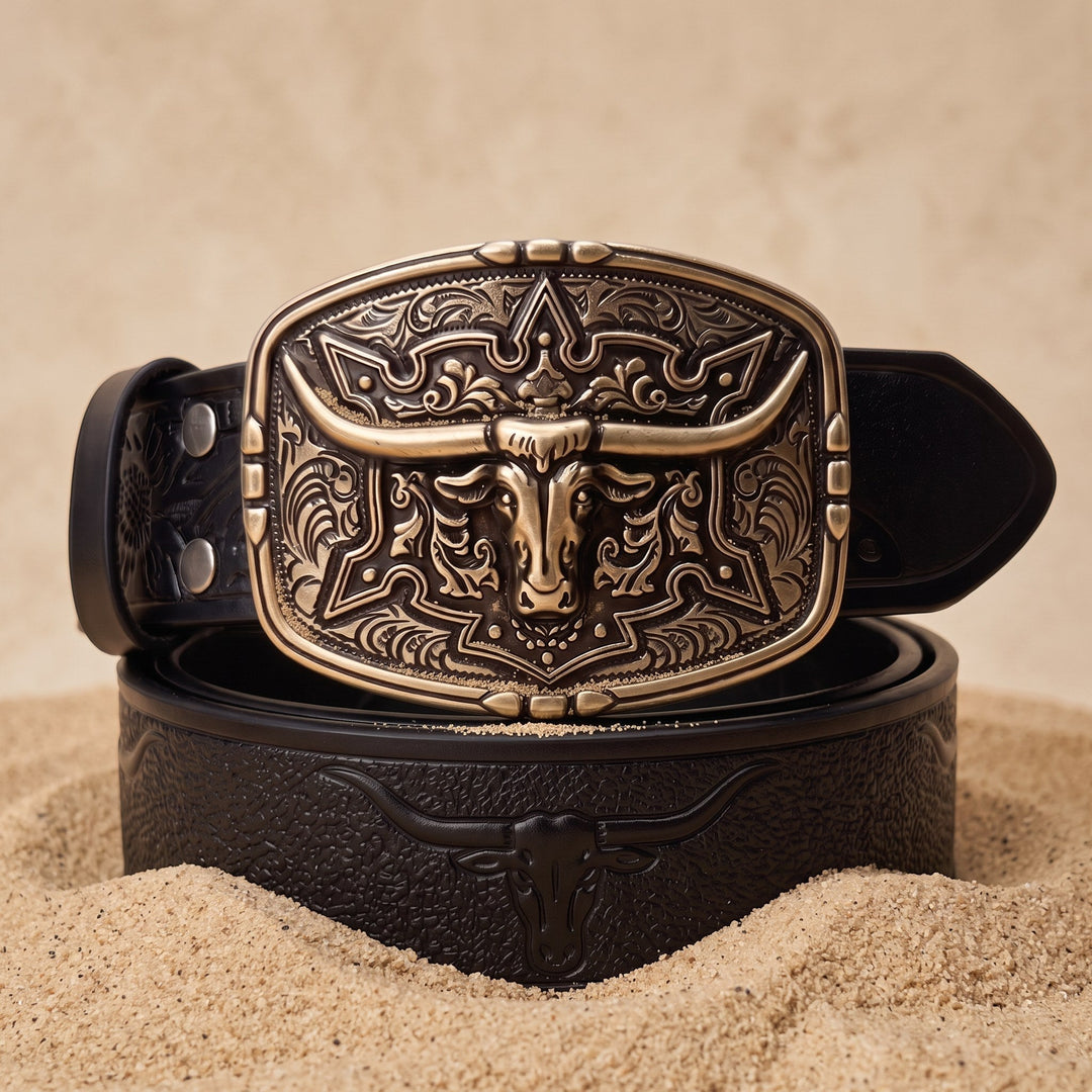 The Ranch Buckle Box, one tooled strap with three swappable buckles