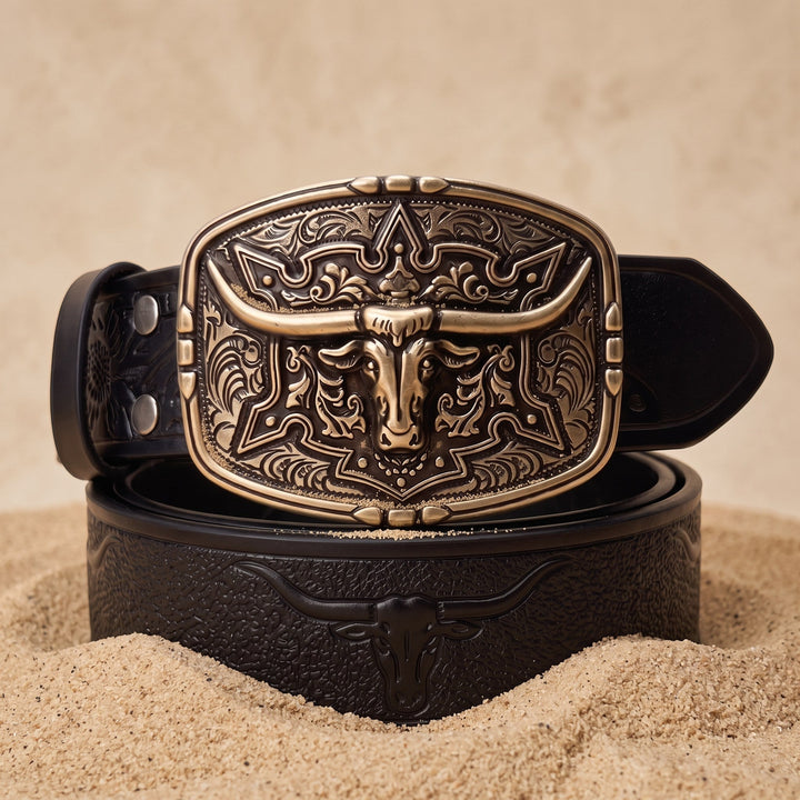 The Ranch Buckle Box, one tooled strap with three swappable buckles