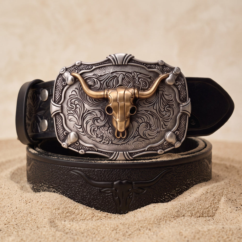 The Ranch Buckle Box, one tooled strap with three swappable buckles