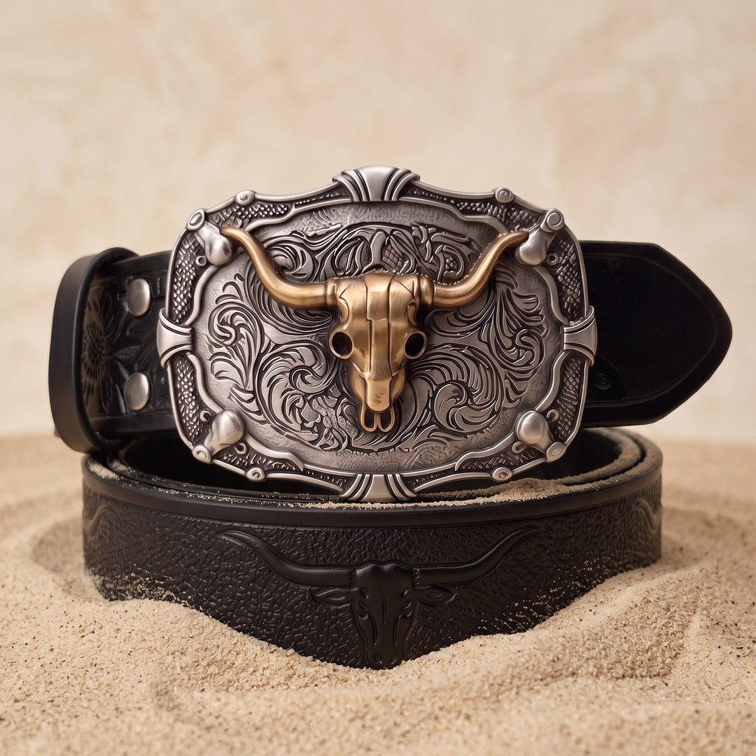 The Ranch Buckle Box, one tooled strap with three swappable buckles
