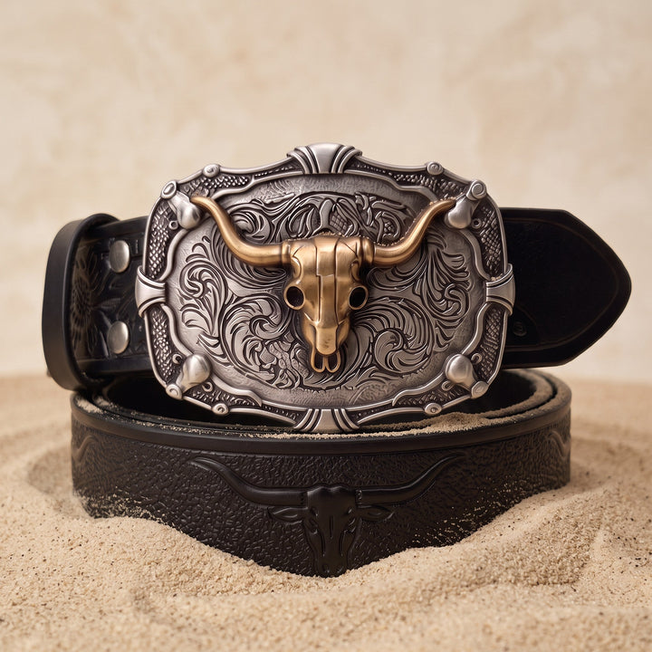 The Ranch Buckle Box, one tooled strap with three swappable buckles