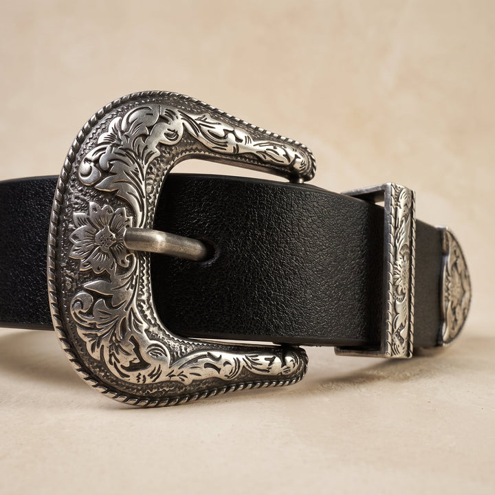 Detail of the western scrollwork on the Merle Belt buckle